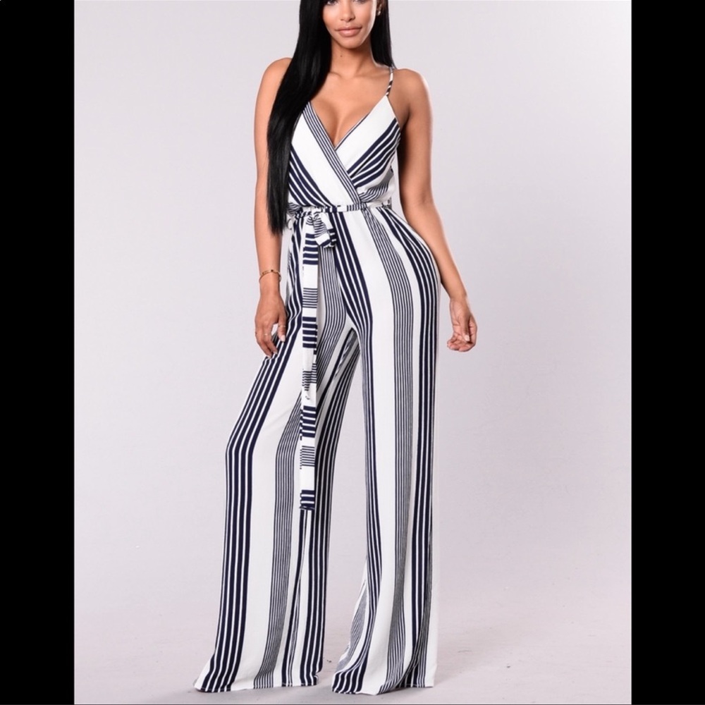 Fashion Nova Navy/White Striped Jumpsuit
